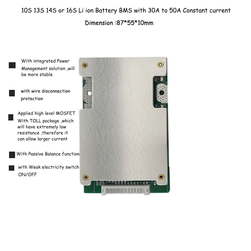 10S 13S 14S Li ion or 16S li ion and Lifepo4 Battery BMS for 36V 48V 60V Battery with 30A or 50A Constant current with ON OFF switch