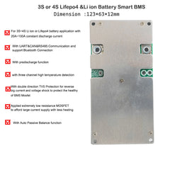 4S or 3S 12V Lifepo4 or lithium battery Smart Bluetooth bms with UART CAN and RS485 Communication 20A 30A 50A 80A Constant current