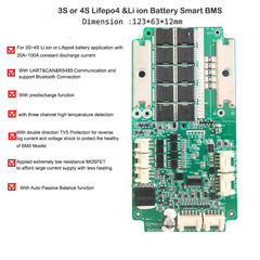 4S or 3S 12V Lifepo4 or lithium battery Smart Bluetooth bms with UART CAN and RS485 Communication 20A 30A 50A 80A Constant current