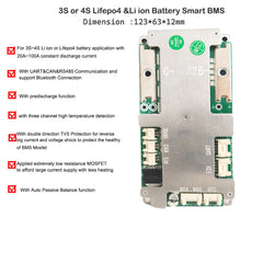 4S or 3S 12V Lifepo4 or lithium battery Smart Bluetooth bms with UART CAN and RS485 Communication 20A 30A 50A 80A Constant current
