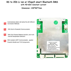 8S 10S 11S 12S 13S 14S 15S 16S 17S 18S 19S 20S 72V li ion or lifepo4 smart Bluetooth BMS for 24V 36V 48V 60V 72V battery with 40A 50A 60A constant current