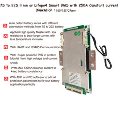 6S 7S 8S 9S 10S to 16S 20S 21S 22S Li ion or Lifepo4 Smart BMS for electric vehicle electric motorcycle with 250A constant current with UART RS485 Communication for 24V 36V 48V 60V 72V battery