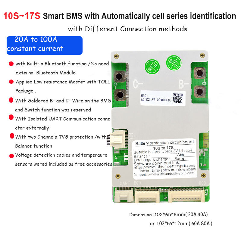36V 48V 60V Li ion or Lifepo4 smart Bluetooth BMS with 40A 60A 80A 100A 120Aconstant current for 10S to 17S Battery