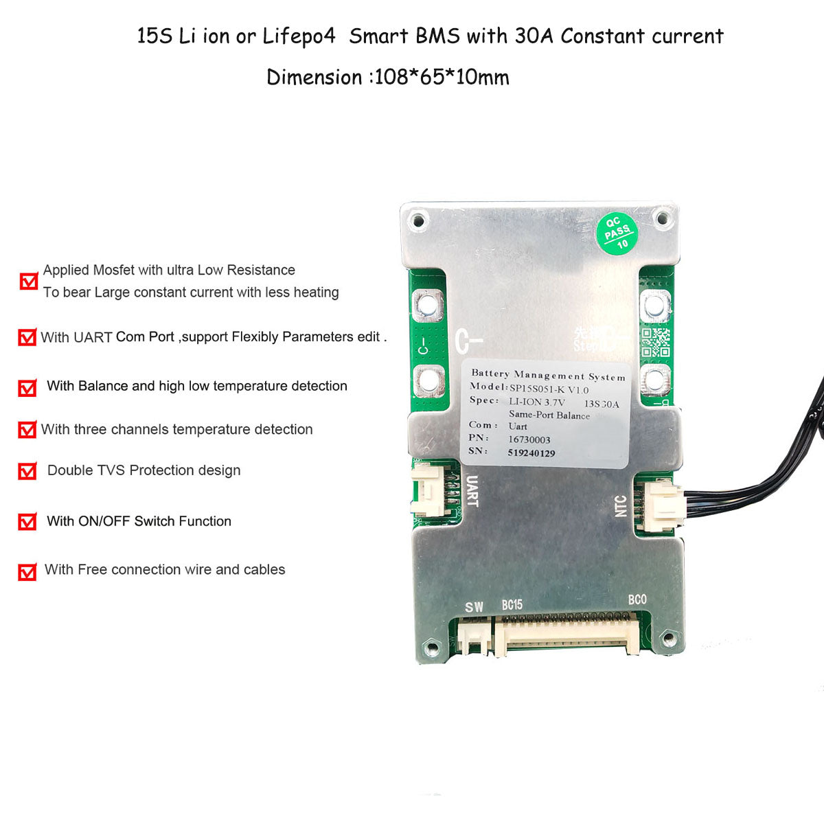 12S 13S 14S 15S  36V 48V 58.8V smart Bluetooth BMS with 20A 30A 40A to 60A constant discharge current with UART communication battery management system