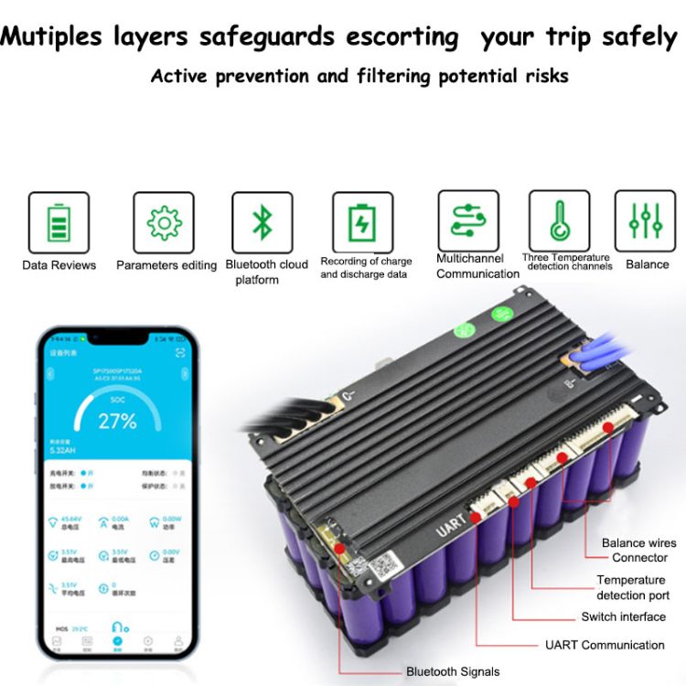 Smart Bluetooth BMS for 6S 7S 8S 13S 14S 16S 15S 20S 21S Li ion or lifepo4 battery with 100A 150A 200A constant current