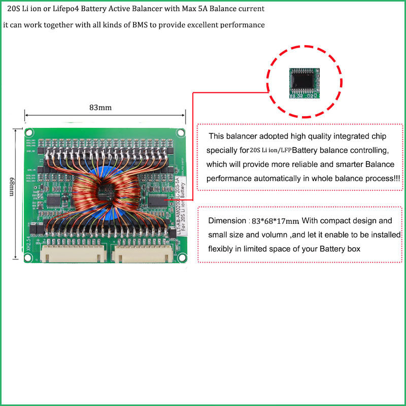 Li ion or Lifepo4 Battery Active Balancer module with 5A to 10A Constant balance current for 12V 24V 36V 48V 60V 72V Li ion or Lifepo4 active balancer with 5A Balance current - 4S Lifepop4 BMS 100A with 5A Balance