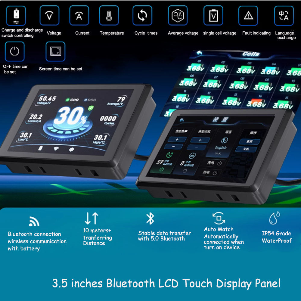 Bluetooth Wireless LCD Display Panel and Touch Display Screen of Smart Bluetooth BMS for Li ion or Lifepo4 Battery - Bluetooth LCD Panel with Alarm function
