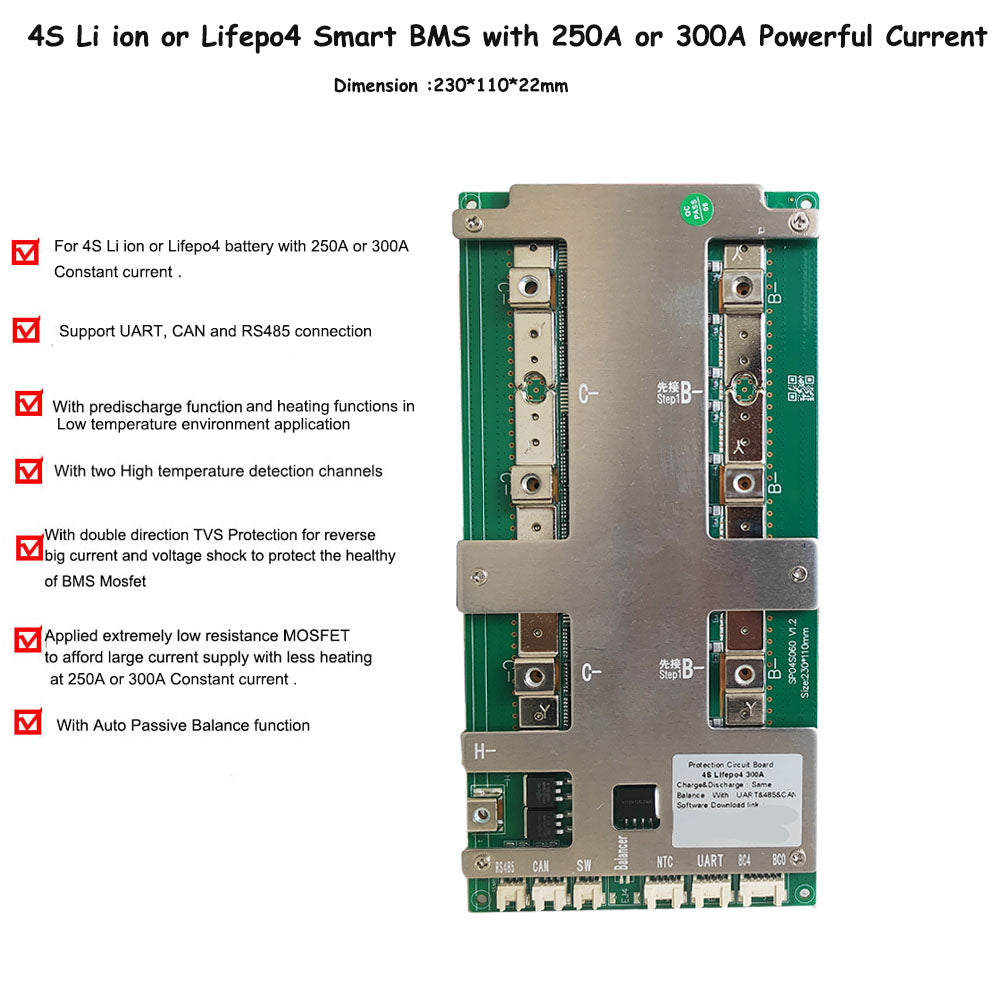 3S or 4S Li ion Lifepo4 12V  UPS ,Inverter ,Auto car Battery Smart Bluetooth Bms with  250A  300A  constant current for power conveter 12.6V or 16.8V NCM battery with CAN RS485 UART Communication