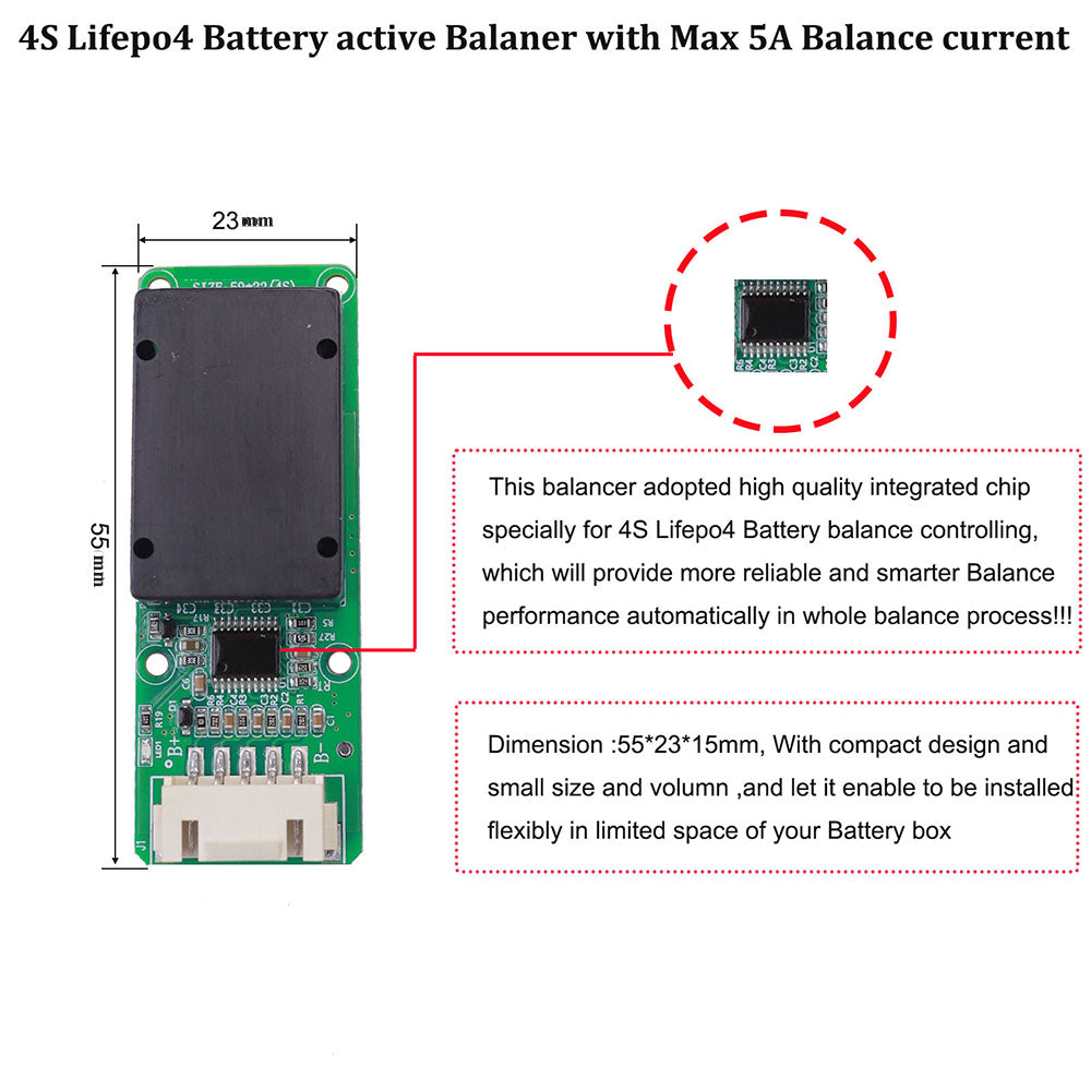Li ion or Lifepo4 Battery Active Balancer module with 5A to 10A Constant balance current for 12V 24V 36V 48V 60V 72V Li ion or Lifepo4 active balancer with 5A Balance current - 4S Lifepop4 BMS 100A with 5A Balance