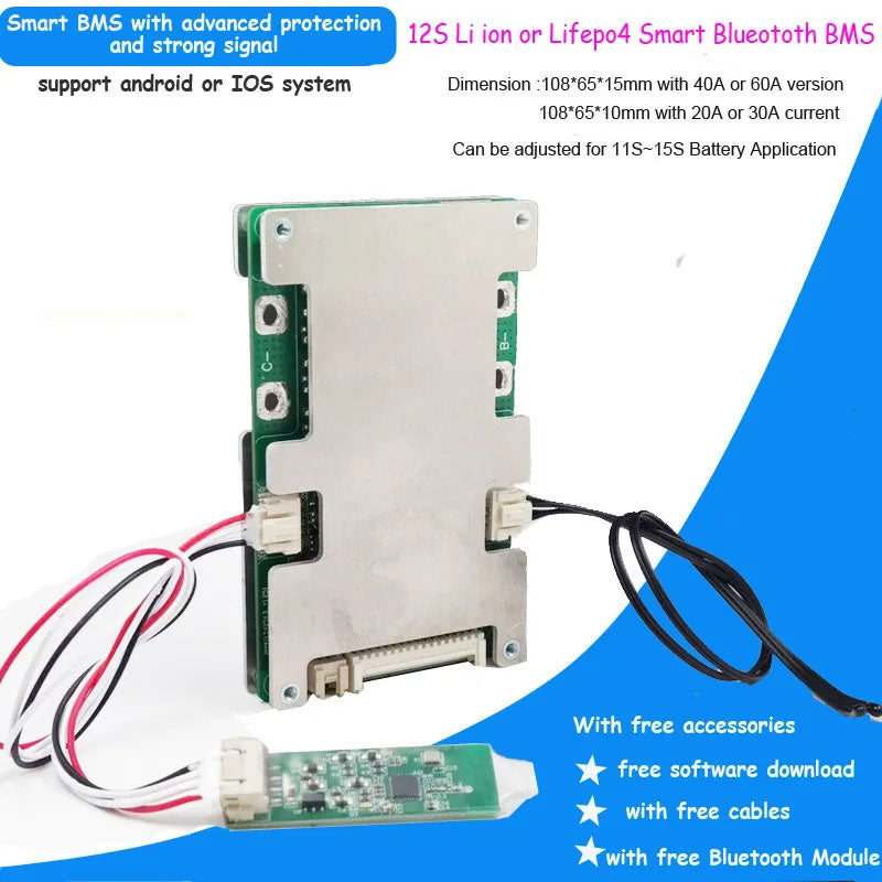 12S 13S 14S 15S  36V 48V 58.8V smart Bluetooth BMS with 20A 30A 40A to 60A constant discharge current with UART communication battery management system