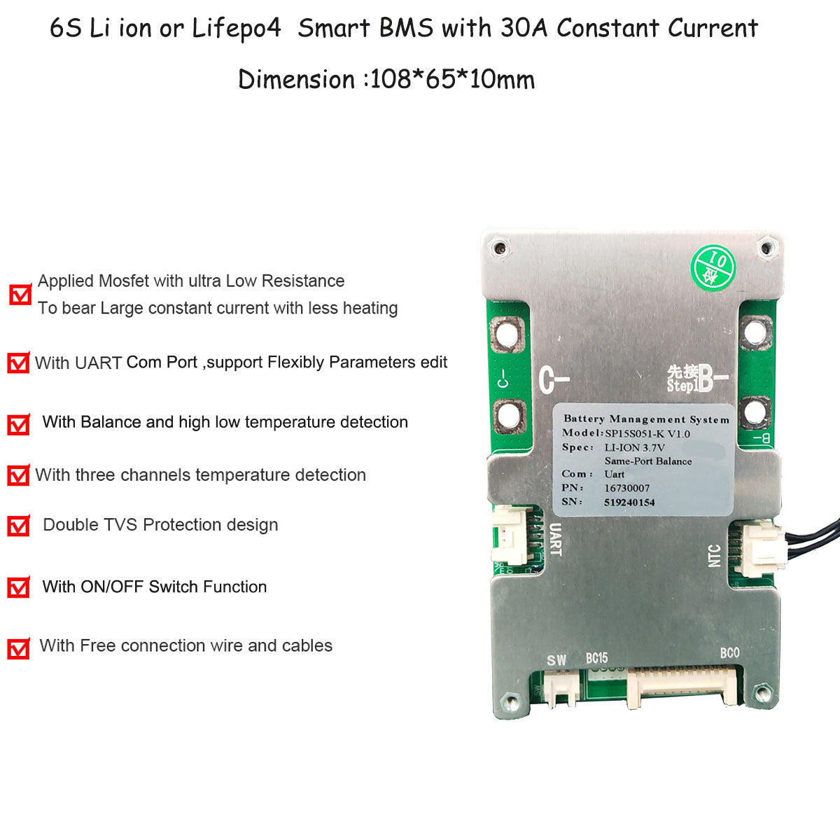 6S 7S 8S 10S 25.2v 24V 29.4V 29.2V 42V Li ion or Lifepo4 Battery Smart BMS with 20A 30A 40A 60A constant current for android or IOS APP