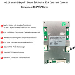 6S 7S 8S 10S 25.2v 24V 29.4V 29.2V 42V Li ion or Lifepo4 Battery Smart BMS with 20A 30A 40A 60A constant current for android or IOS APP