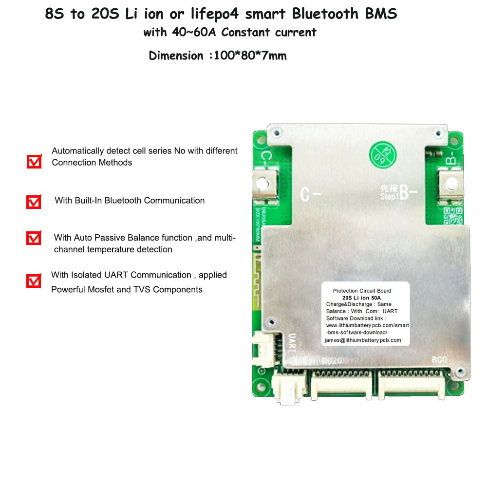 8S 10S 11S 12S 13S 14S 15S 16S 17S 18S 19S 20S 72V li ion or lifepo4 smart Bluetooth BMS for 24V 36V 48V 60V 72V battery with 40A 50A 60A constant current
