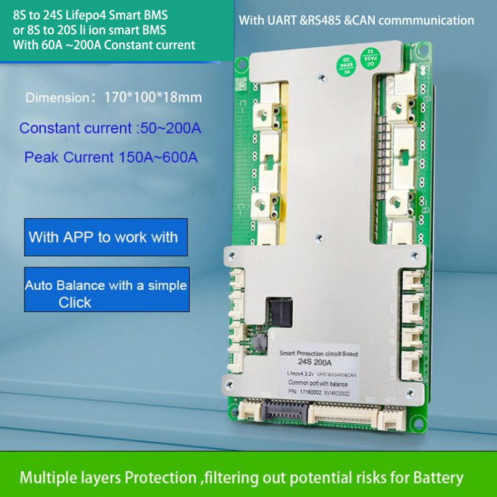 8S To 24S Li Ion Lifepo4 Smart Bluetooth BMS For  36V 48V 60V 72V 84V Battery With UART RS485 CAN Communication 100A 150A 200A Constant Current