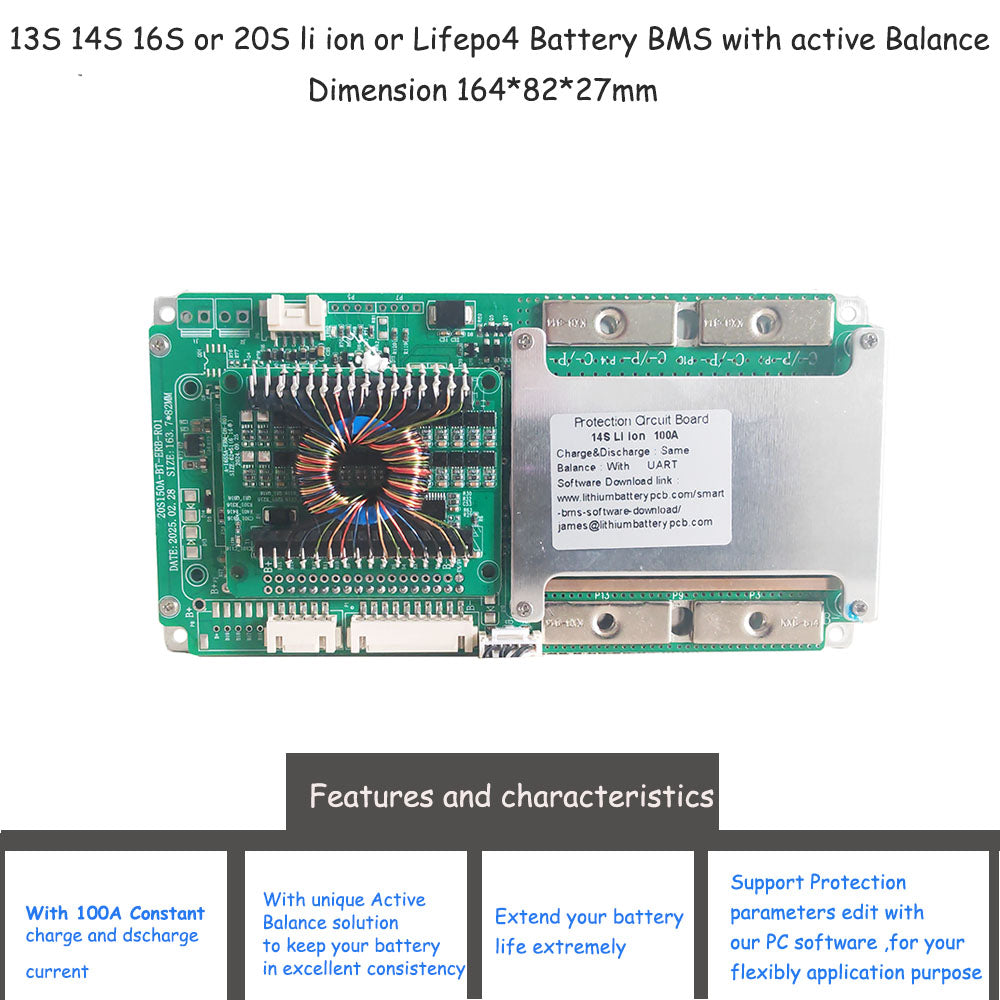 active balance smart BMS for 48V 60V 72V li ion or lifepo4 Battery management system for 13S 14S 16S 20S li ion or lifepo4