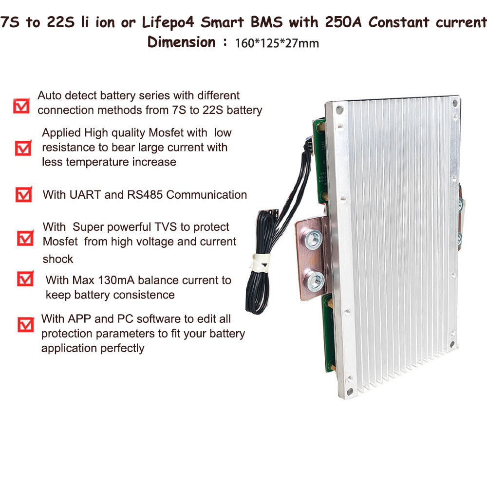 6S 7S 8S 9S 10S  to 16S 20S 21S 22S Li ion or Lifepo4 Smart BMS for electric vehicle electric motorcycle with 250A constant current with UART RS485 Communication for 24V 36V 48V 60V 72V battery