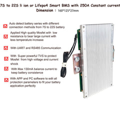 6S 7S 8S 9S 10S  to 16S 20S 21S 22S Li ion or Lifepo4 Smart BMS for electric vehicle electric motorcycle with 250A constant current with UART RS485 Communication for 24V 36V 48V 60V 72V battery