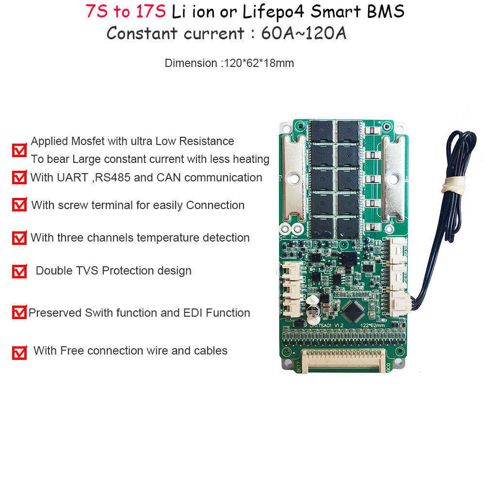 24V 36V 48V 60V Li ion NCM or Lifepo4 Smart Bluetooth BMS with 80A 100A 120A Constant current for power inverter or Solar energy storage LFP battery Pack with UART CAN RS485