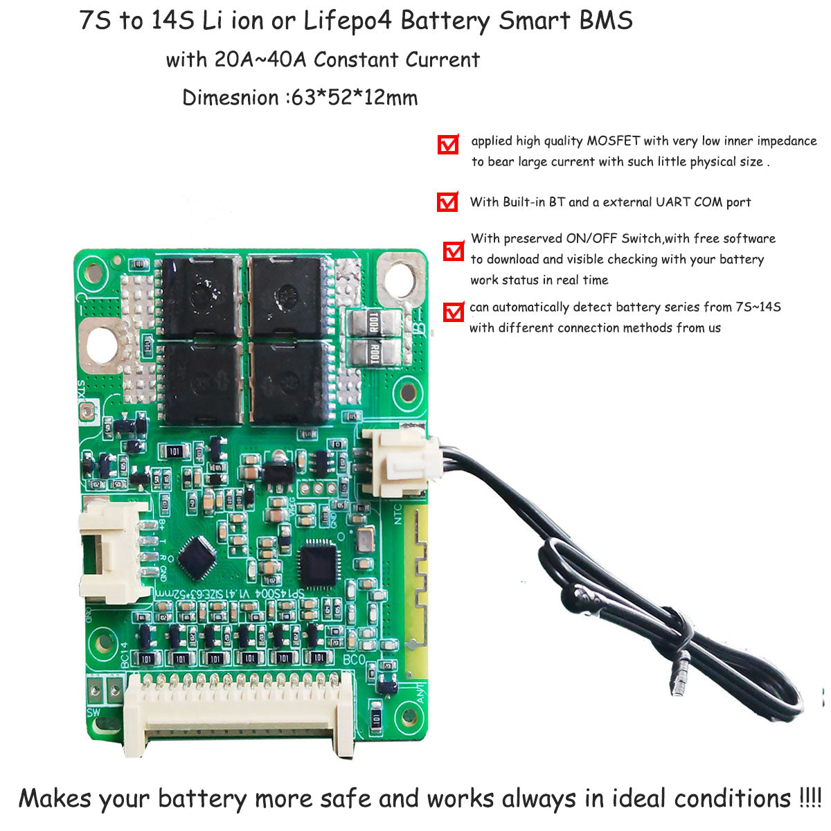 7S 8S 9S 10S 11S 12S 13S 14S  30A 40A 50A Smart BMS Lithium Ion Battery bluetooth BMS for electric bike or electric kit Battery PCB Board