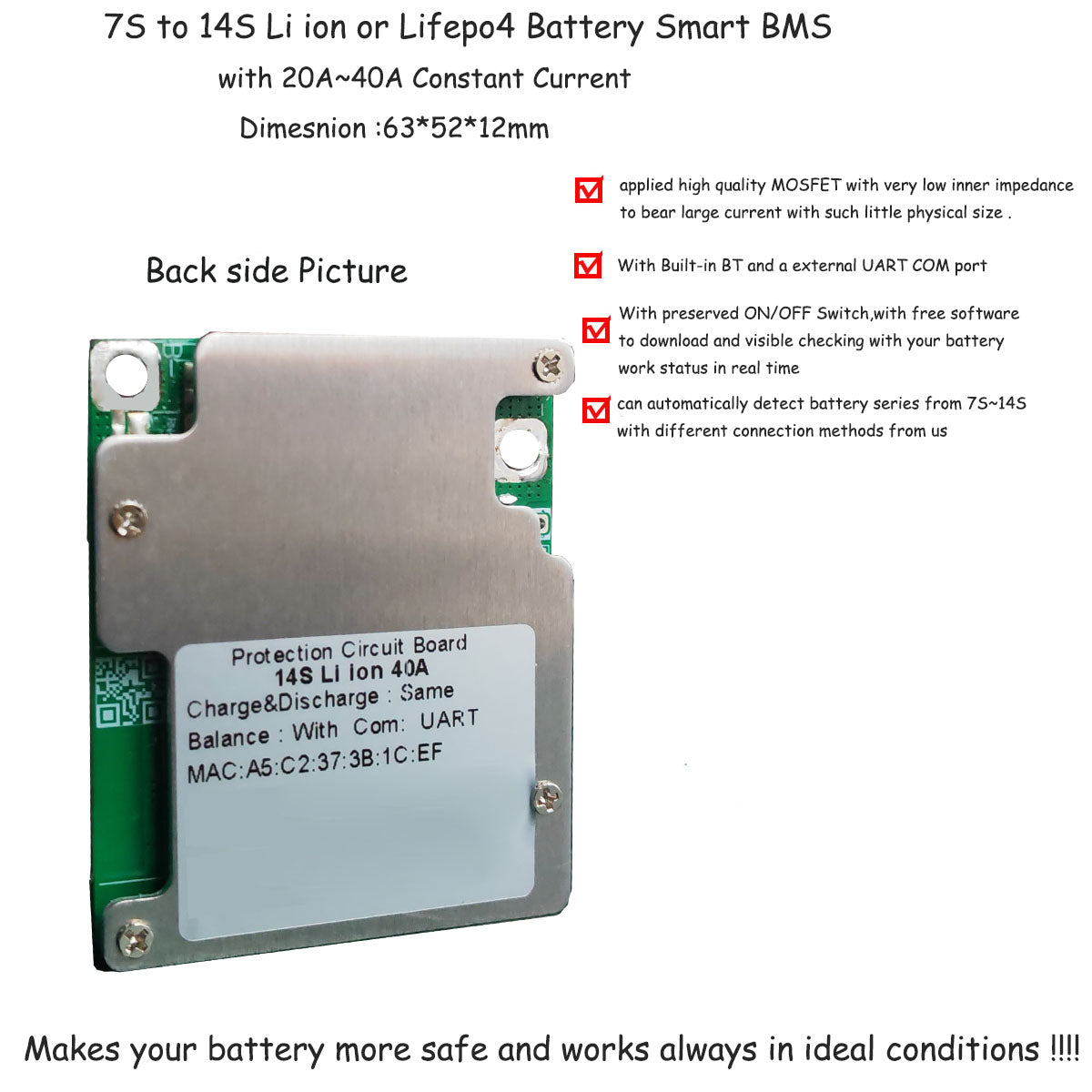 7S 8S 9S 10S 11S 12S 13S 14S  30A 40A 50A Smart BMS Lithium Ion Battery bluetooth BMS for electric bike or electric kit Battery PCB Board