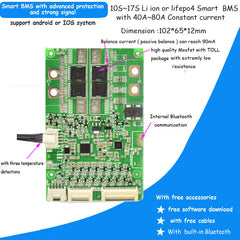 36V 48V 60V Li ion or Lifepo4 smart Bluetooth BMS with 40A 60A 80A 100A 120Aconstant current for 10S to 17S Battery