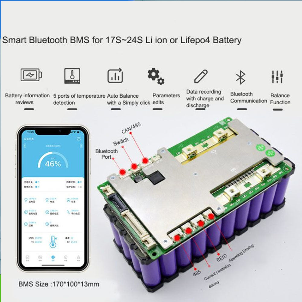 8S To 24S Li Ion Lifepo4 Smart Bluetooth BMS For  36V 48V 60V 72V 84V Battery With UART RS485 CAN Communication 100A 150A 200A Constant Current
